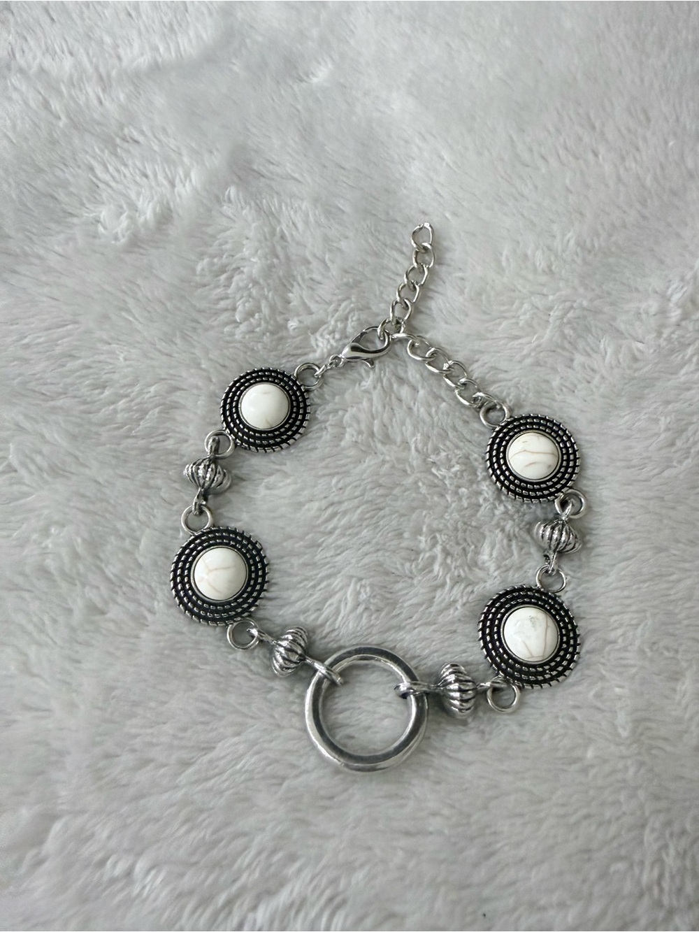 Silver-Tone White Stone Link Bracelet with Circular Ring Accent